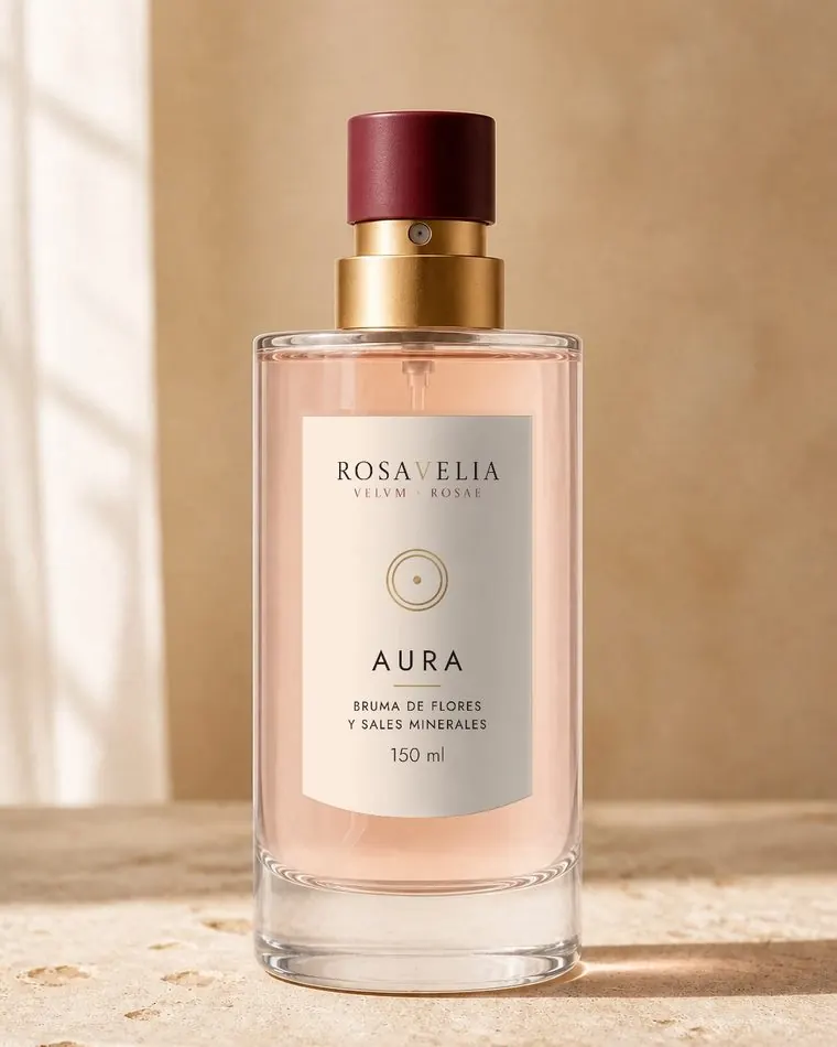 Aura, frasco transparente con tapa burdeos