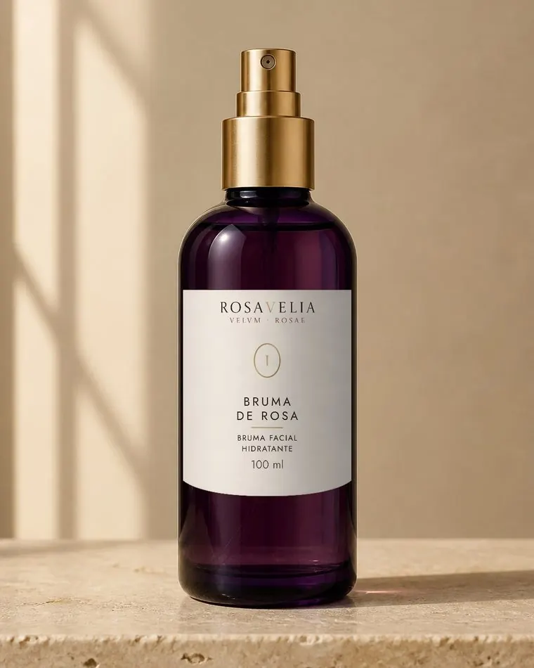 Bruma de Rosa, frasco violeta con atomizador dorado